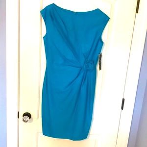 Gorgeous Caribbean teal blue dress. Rose fabric detail @ waist